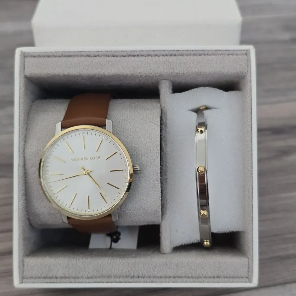 Michael Kors MK4898 Pyper Leather Band Quartz Women's Watch Bracelet Set